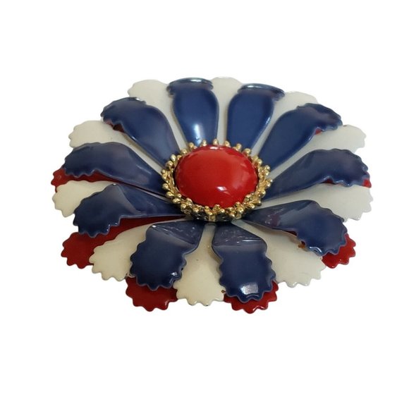 Vintage Red White Blue Enamel Flower Brooch Pin Daisy Patriotic Layered - Picture 10 of 12